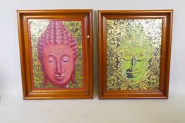 A pair of oils on cavas, Buddha's head, unsigned, 24" x 32"
