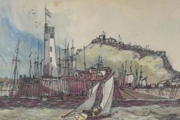 A harbour scene with sailing ship, signed indistinctly, ink and watercolour, 16" x 11"
