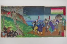 Unknown Japanese artist, Kagoshima newspaper - Fleeing Rebels, Meiji Ukiyo-e triptych woodblock