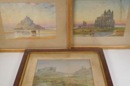 John Whitacre Allen, Mont St Michel, Normandy, and a ruined abbey, watercolour drawings, 14" x