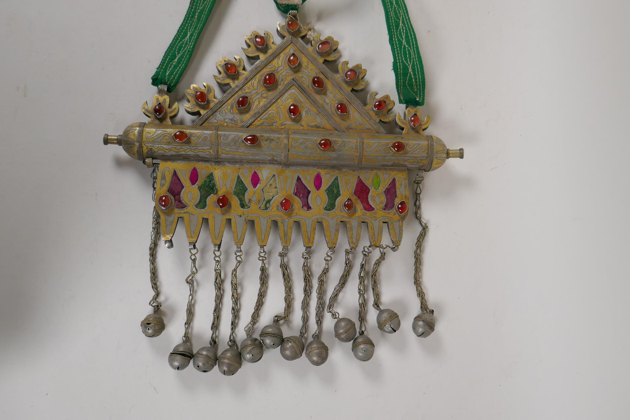 A Turkman mixed metal necklace with bell drops and set with fabric panels and semi precious stones - Image 2 of 2