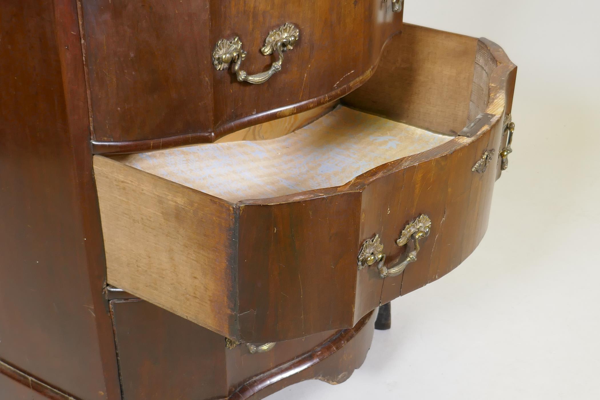 An antique mahogany veneered commode, with marble top and shaped front and three drawers with ormolu - Image 3 of 4