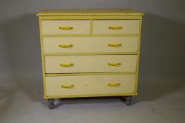A Victorian painted pine chest of two over three drawers, raised on turned supports, 38" x 18" x 38"