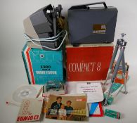A Silma Compact 8 movie projector, a Hanimex movie editor, a Biloret camera tripod and other