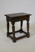 An antique oak joynt stool, with pegged joints and top, 15" x 12" x 18½"