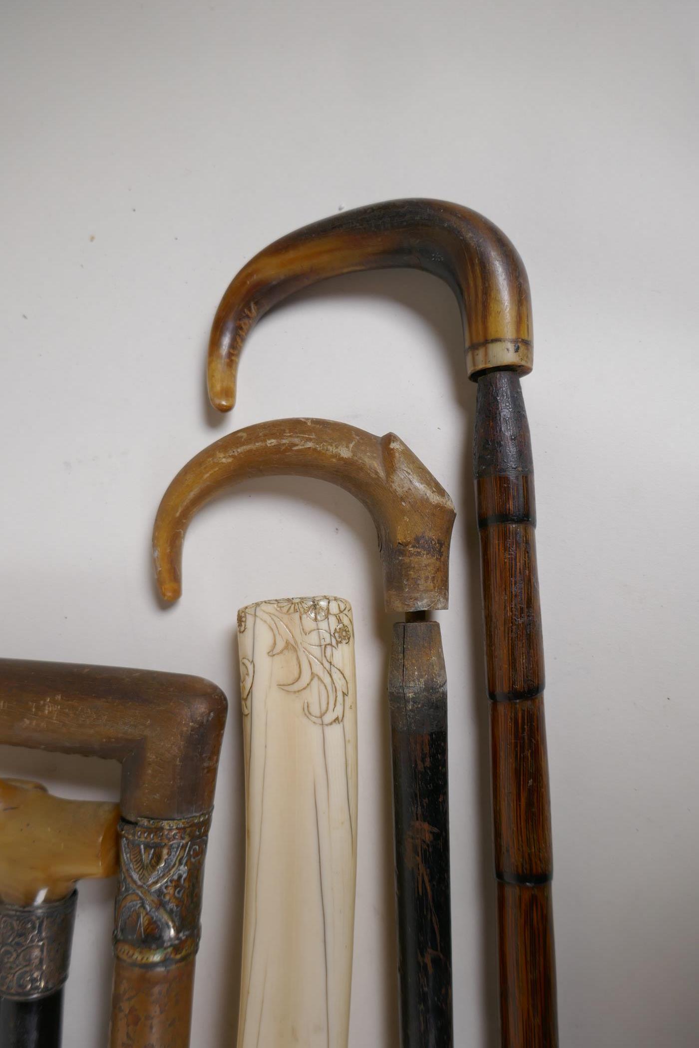 Four horn handled walking sticks with silver ferrules, longest 36", and two others and a carved bone - Image 4 of 4