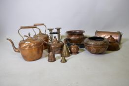 A quantity of C19th copper to include a large Moroccan kettle, marked Haza Freres, Art Nouveau
