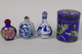 Three Chinese porcelain snuff bottles with painted decoration and a Chinese cloisonne box and cover,