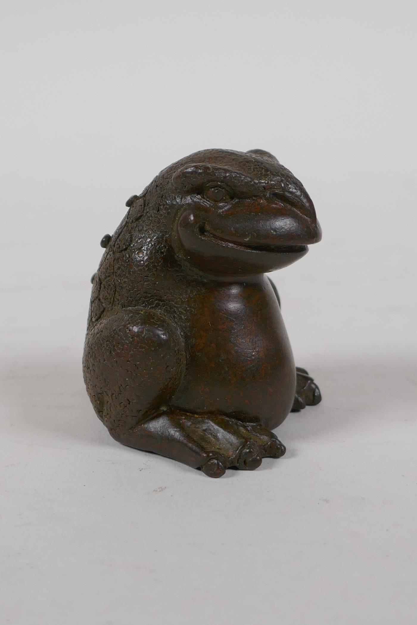 A Japanese style bronze okimono of a three legged toad, 2" high - Image 2 of 4