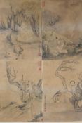 Four antique Chinese monochrome prints of scholars in a landscape, one framed, each print 8" x 11"