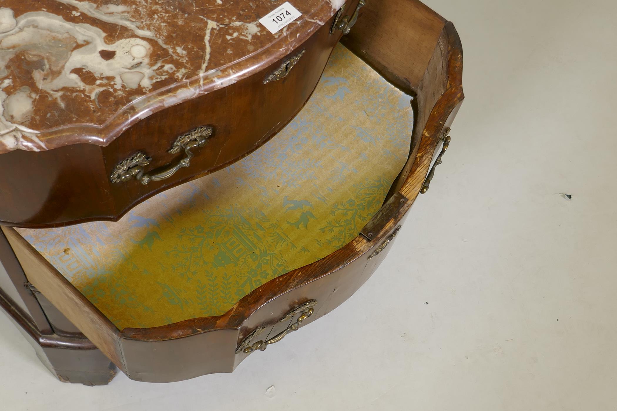 An antique mahogany veneered commode, with marble top and shaped front and three drawers with ormolu - Image 4 of 4