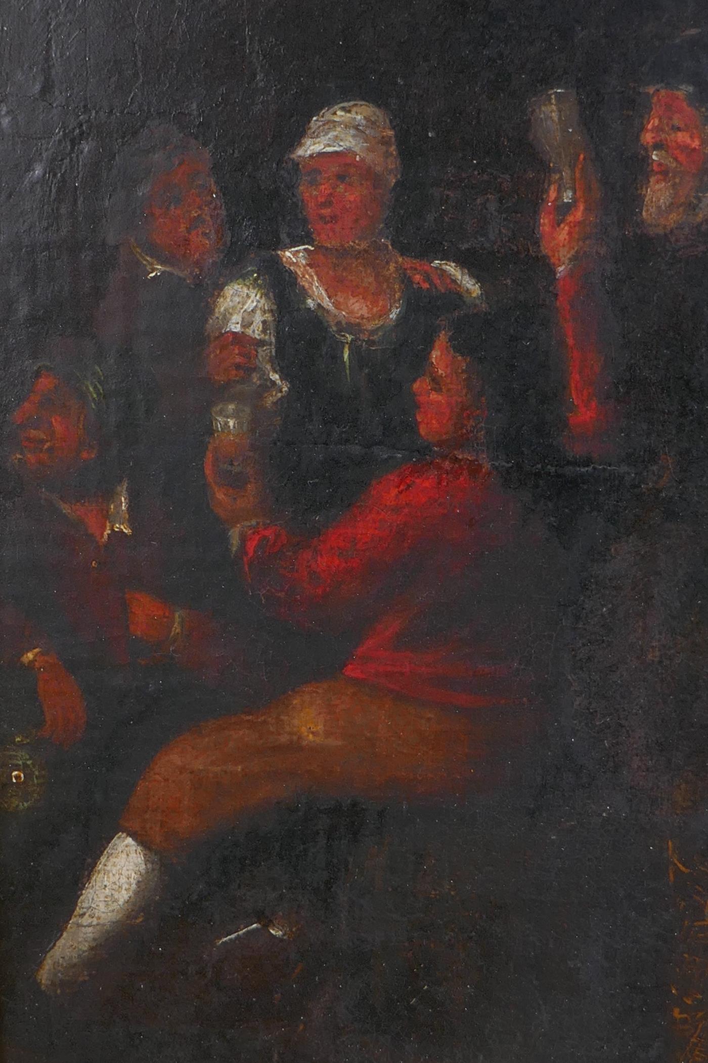 Revellers in an interior, late C18th, oil on canvas laid on board in heavy gilt frame, 10½"  x 8½"