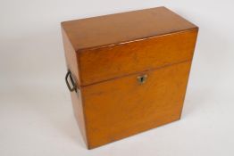 A Victorian military oak two bottle tantalus box with inset brass handles, containing two square