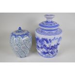 A Chinese blue and white porcelain lampbase decorated  with a mountain landscape, 14" high, and a