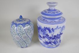 A Chinese blue and white porcelain lampbase decorated  with a mountain landscape, 14" high, and a