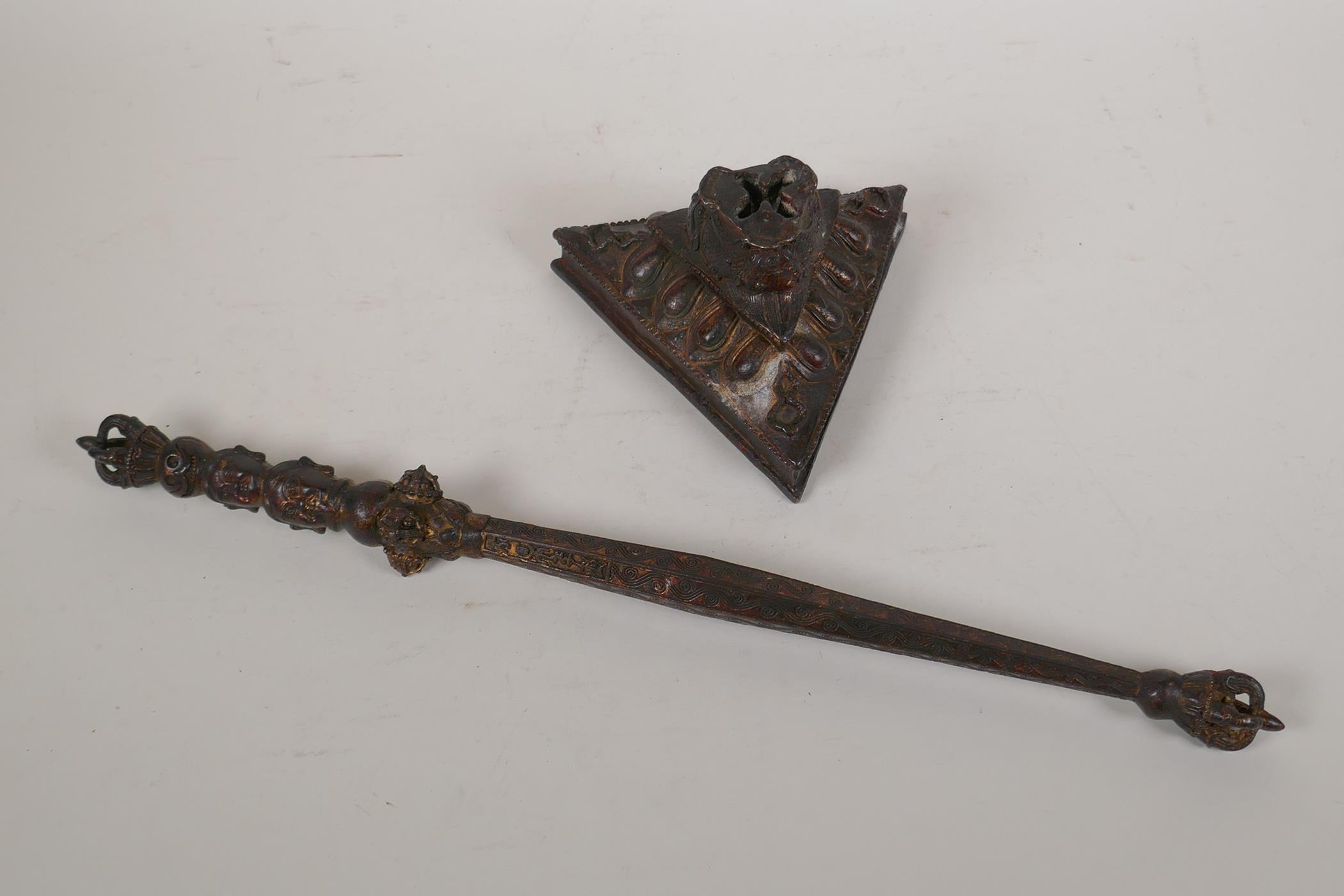 A Sino Tibetan bronze ceremonial sceptre with vajra and deity mask decoration, mounted on a - Image 4 of 5