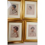 A set of four framed portrait prints of men with tatooed faces, 3½" x 5"