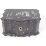 A C19th papier mache tea caddy with inlaid mother of pearl and painted decoration, with two liner