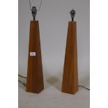 A pair of solid walnut obelisk table lamps, 18" high
