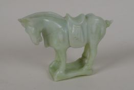A Chinese green hardstone Tang style model of a horse, 4" high