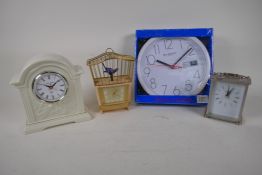 A mid C20th bird song automaton alarm clock, a porcelain cased quartz mantel clock, a silver