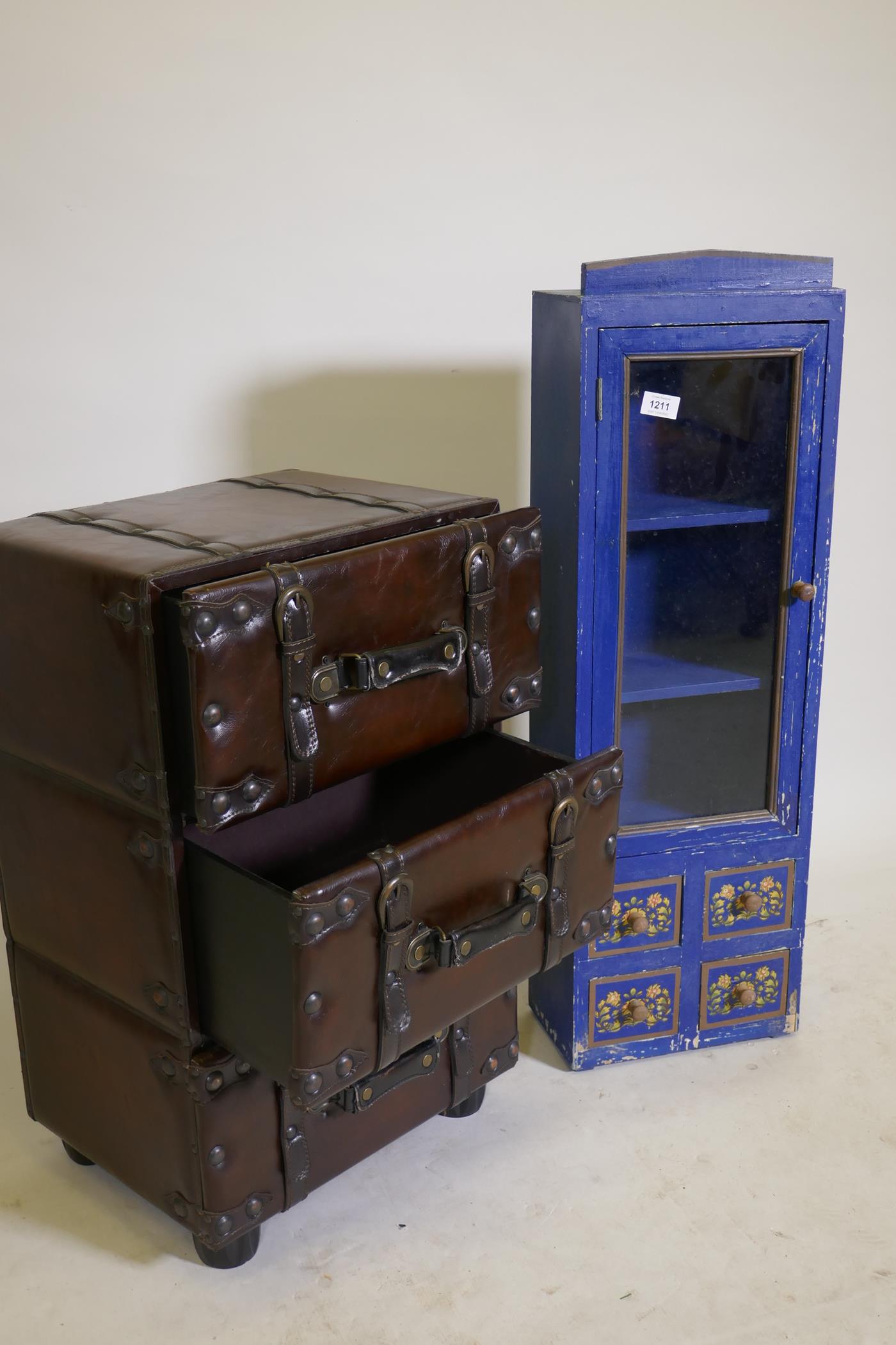 A chest of three drawers in the form of stacked leather suitcases, and a painted cabinet with glazed - Image 2 of 2