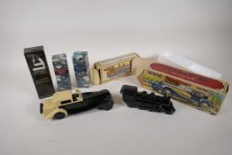 Two Avon after shave bottles, a Bugatti '27, 9" long, and a Cannonball Express 4-6-0, and three