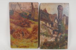 J. Douglas Baxter, a matched pair, figure seated in a landscape, and a study of a country house, one