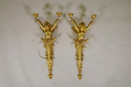 A pair of ormolu two branch wall sconces in the form of winged putti, 12" x 29"