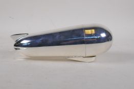 A silver plated cocktail shaker in the form of a zeppelin, 9"