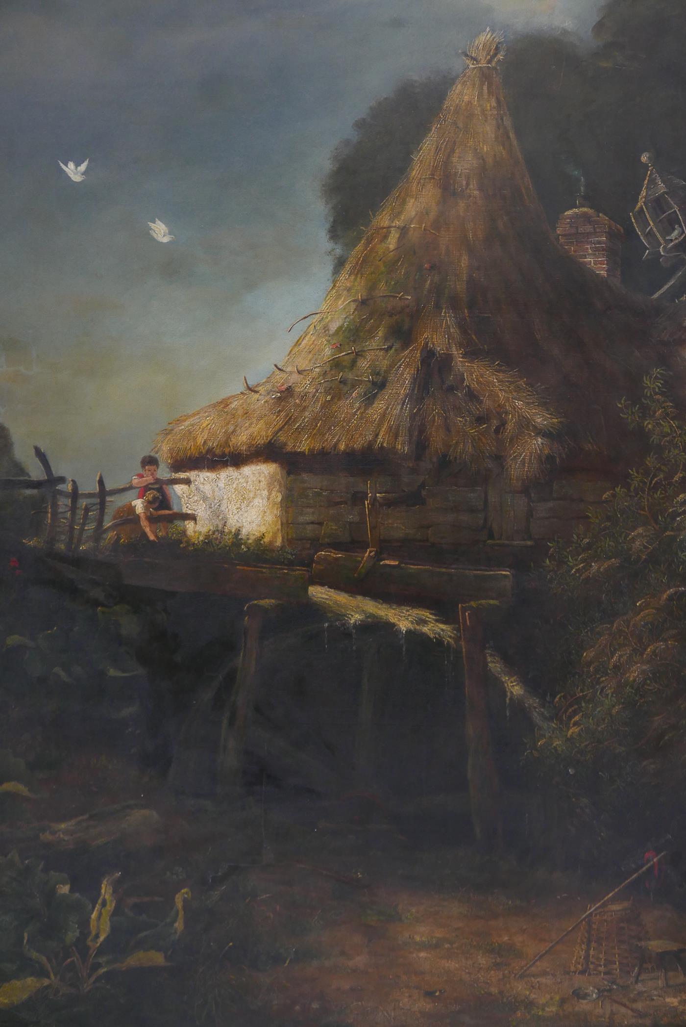 Children playing by a watermill, early C19th oil on canvas, re-lined with repairs, 50" x 40"