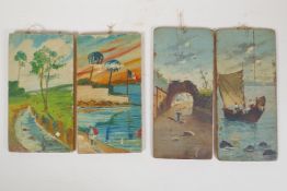 Four scenes of Sicily, Mount Etna etc, indistinctly signed, oils on panel, early 20th, 4½" x 8½"