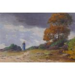 Hans Richard von Volkmann, young lady in a landscape, monogrammed, oil on canvas, 16" x 21"