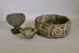A vintage reconstituted stone planter with tudor rose decoration, 27" x 10", a concrete urn and
