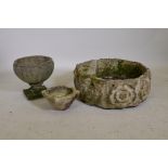 A vintage reconstituted stone planter with tudor rose decoration, 27" x 10", a concrete urn and