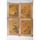 Four Chinese watercolour prints depicting cranes, carp and waterfowl, mounted on silk, 11" x 14"