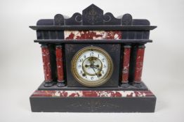 A French slate and marble mantel clock in architectural four pillar case, with Brocot escapement and