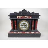 A French slate and marble mantel clock in architectural four pillar case, with Brocot escapement and