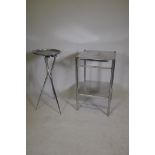 A stainless steel two tier table and a medical fold up instrument table, largest 18" x 18" x 29½"