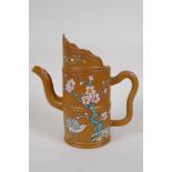 A Chinese Yixing teapot of bamboo form with enamelled polychrome decoration of birds and flowers,