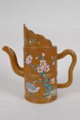 A Chinese Yixing teapot of bamboo form with enamelled polychrome decoration of birds and flowers,
