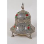 An oriental silver plated octagonal pagoda shaped box and cover set with semi precious stones, 7"