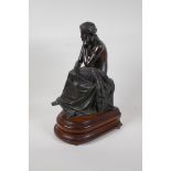 After Pierre Travaux, La Reverie, bronze figure of a pensive woman, 16" high
