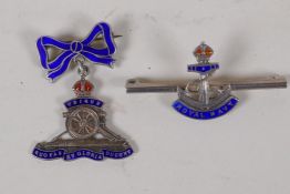 A silver and enamel 'Royal Navy' sweetheart brooch and a similar 'Royal Artillery' brooch