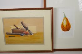 J.F. Seager, still life, tools on a bench top, signed, watercolour, 13" x 9", and a still life of an
