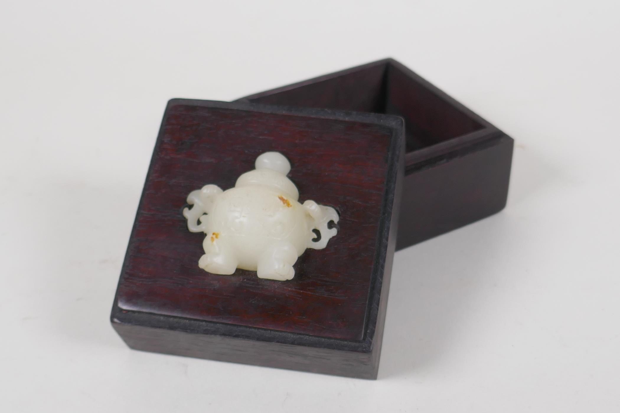 A Chinese hardwood trinket box, the cover inset with a jade carving of a censer, 3½" x 3½" - Image 2 of 2