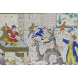 A Persian miniature painting on ivorine depicting members of a court running from a dragon,