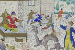 A Persian miniature painting on ivorine depicting members of a court running from a dragon,