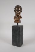 A bronzed composition Greco Roman head bust, possibly Caesar, 12½" high, impressed mark