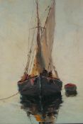 G. Grmack, a pair of continental sailing barges, circa 1950s, oils on board, 9½" x 14"
